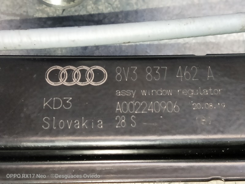 Recambio de elevalunas delantero derecho para audi a3 (8vk) basic referencia OEM IAM 8V3837462A A002240906 3P