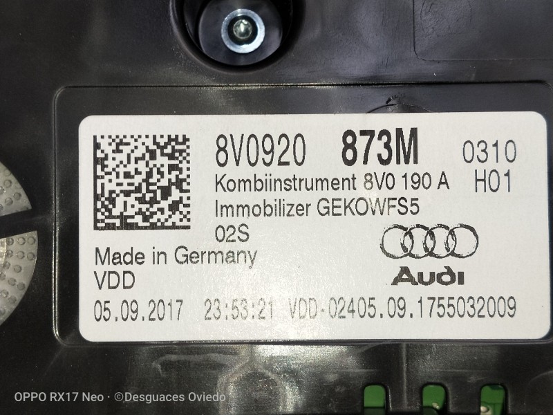 Recambio de cuadro instrumentos para audi a3 (8vk) basic referencia OEM IAM 8V0920873M VDD02405091755032009 A2C13923000