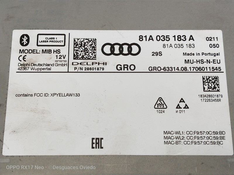 Recambio de sistema navegacion gps para audi a3 (8vk) basic referencia OEM IAM 81A035183A 28601879 