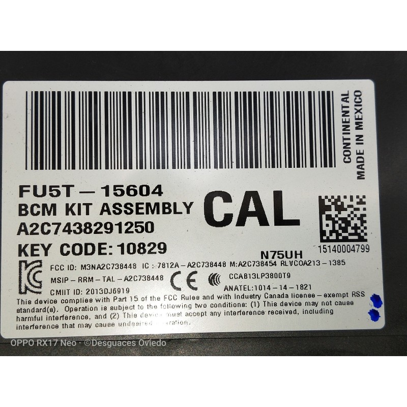 Recambio de caja reles / fusibles para ford mondeo lim. 1.5 ecoboost cat referencia OEM IAM A2C7438291250 10829 