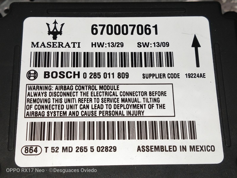 Recambio de centralita airbag para maserati ghibli diesel referencia OEM IAM 670007061 0285011809 