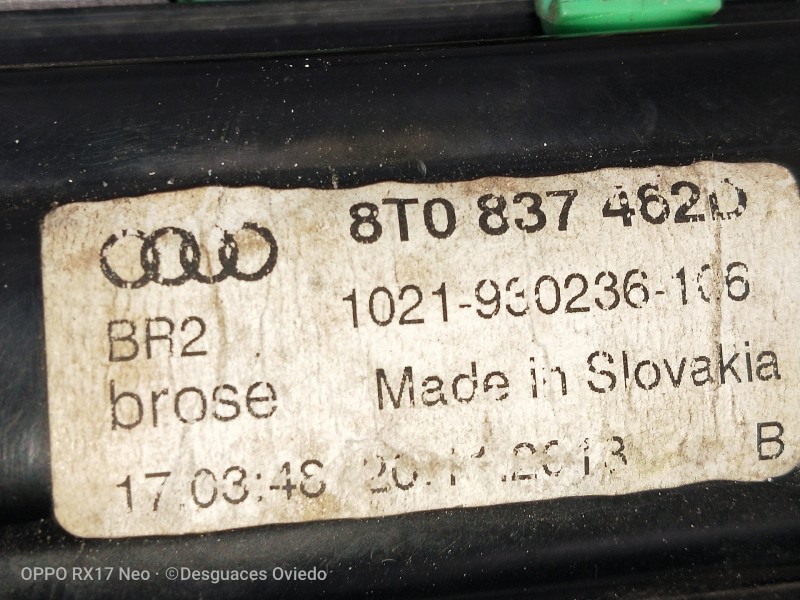 Recambio de elevalunas delantero derecho para audi a5 coupe (8t) 2.7 tdi referencia OEM IAM 8T08374620 1021930236106 2P