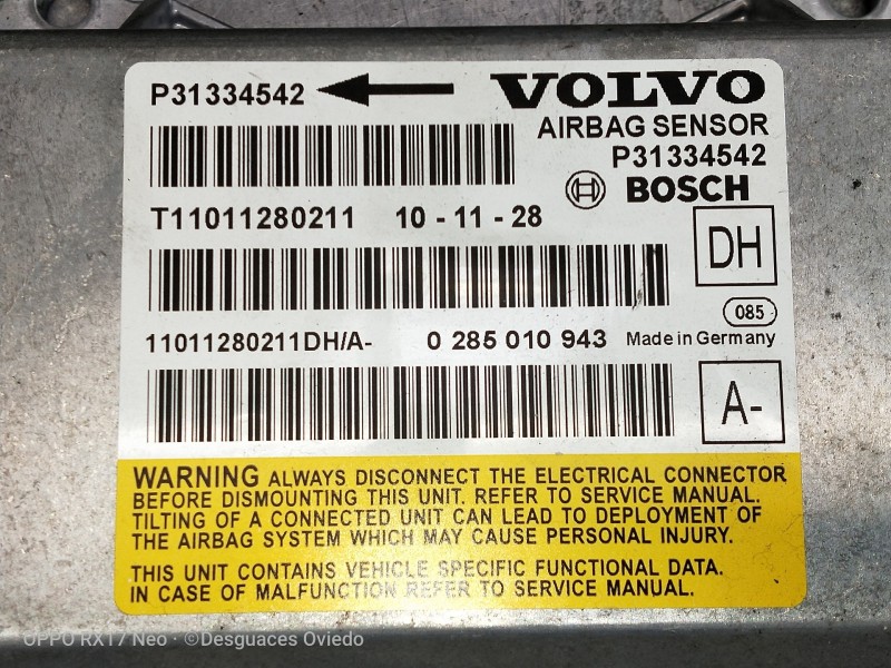 Recambio de centralita airbag para volvo v60 kombi momentum referencia OEM IAM P31334542 0285010943 T11011280211