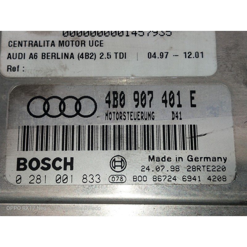Recambio de centralita motor uce para audi a6 berlina (4b2) 2.5 tdi referencia OEM IAM 4B0907401E 0281001833 