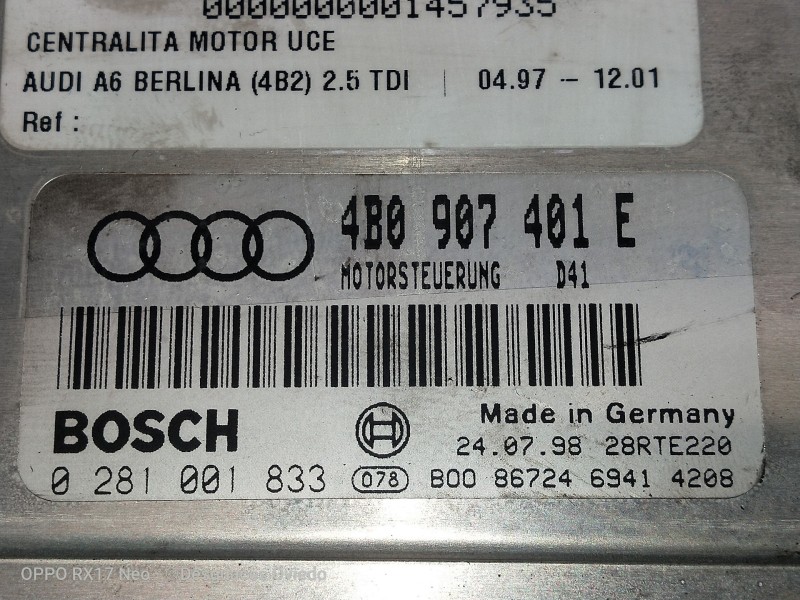 Recambio de centralita motor uce para audi a6 berlina (4b2) 2.5 tdi referencia OEM IAM 4B0907401E 0281001833 