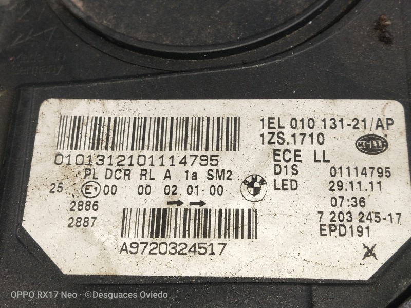 Recambio de faro izquierdo para bmw serie 5 lim. (f10) 530d xdrive referencia OEM IAM 1EL01013121AP 7237647 XENON