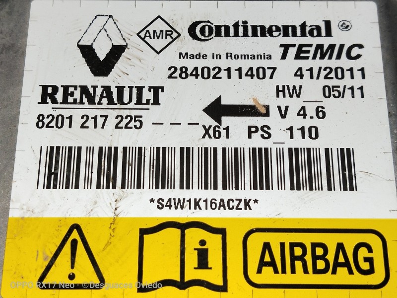 Recambio de centralita airbag para renault kangoo authentique referencia OEM IAM 8201217225 2840211407 S4W1K16ACZK