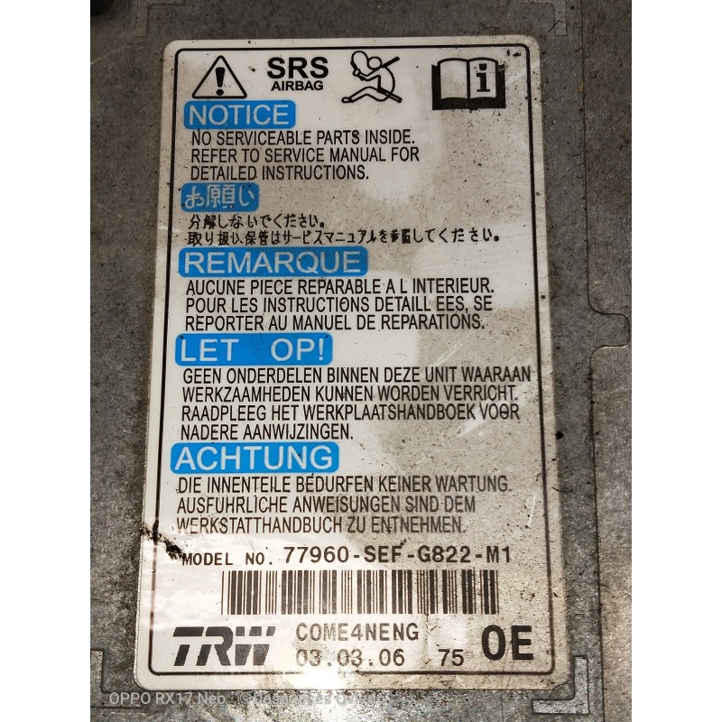 Recambio de centralita airbag para honda accord berlina (cl/cn) 2.2i ctdi executive referencia OEM IAM 77960SEFG822M1  