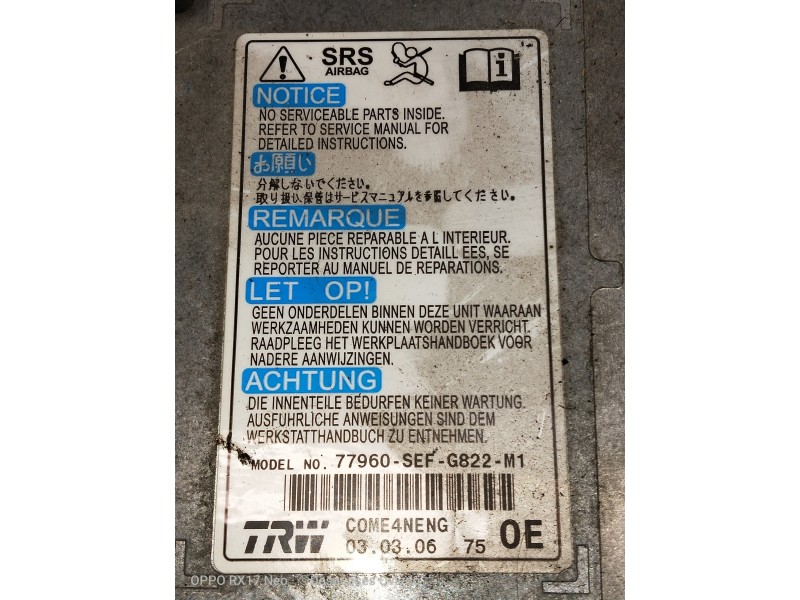 Recambio de centralita airbag para honda accord berlina (cl/cn) 2.2i ctdi executive referencia OEM IAM 77960SEFG822M1  