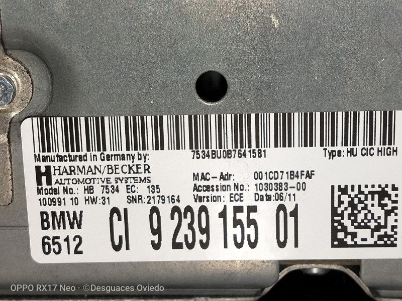 Recambio de sistema audio / radio cd para bmw serie 7 (f01/f02) 740d xdrive referencia OEM IAM 923915501  