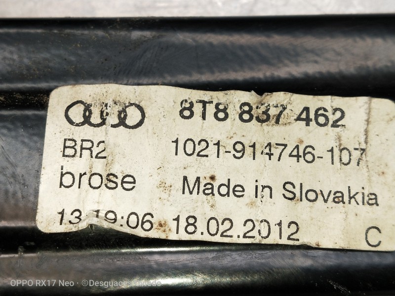 Recambio de elevalunas delantero derecho para audi a5 sportback (8t) 3.0 tdi (150kw) referencia OEM IAM 8T8837462 1021914746107 