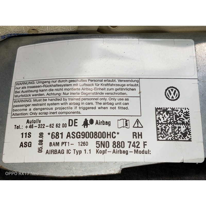 Recambio de airbag cortina delantero derecho para volkswagen tiguan (5n1) advance referencia OEM IAM 5N0880742F 681ASG900800HC 