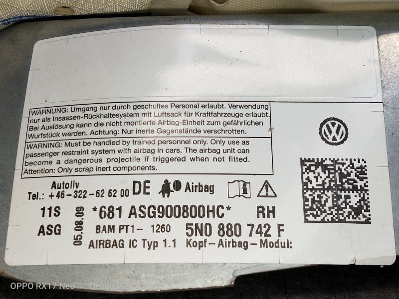 Recambio de airbag cortina delantero derecho para volkswagen tiguan (5n1) advance referencia OEM IAM 5N0880742F 681ASG900800HC 