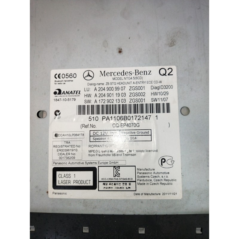 Recambio de sistema audio / radio cd para mercedes clase c (w204) lim. c 250 cgi blueefficiency (204.047) referencia OEM IAM A20