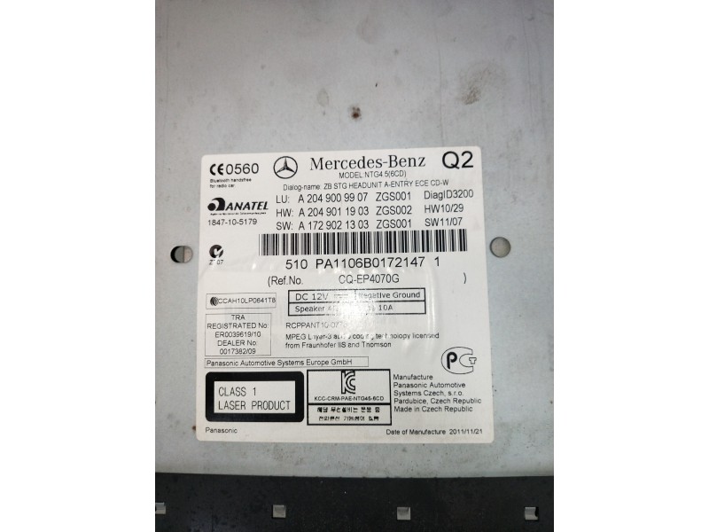 Recambio de sistema audio / radio cd para mercedes clase c (w204) lim. c 250 cgi blueefficiency (204.047) referencia OEM IAM A20