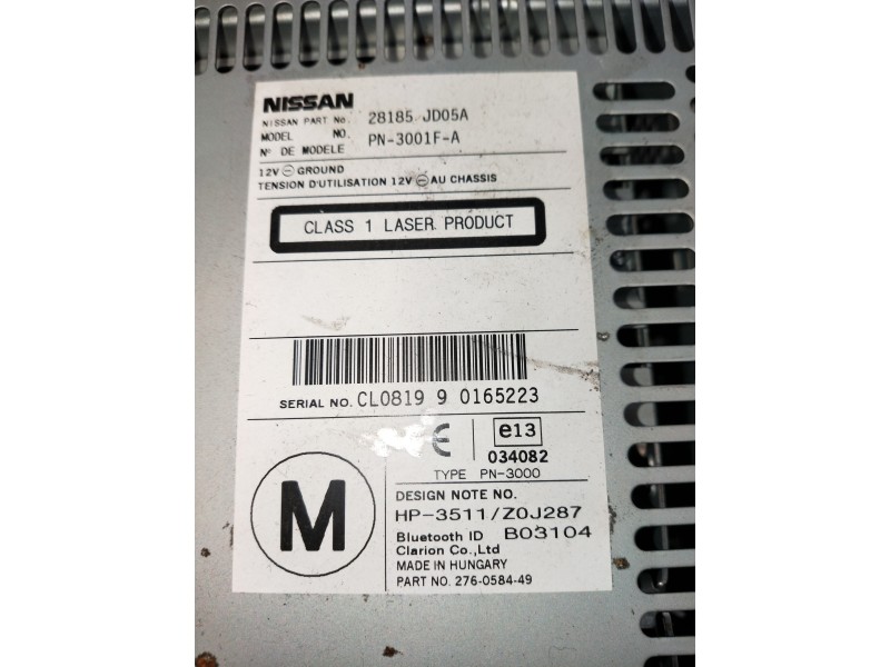 Recambio de sistema audio / radio cd para nissan qashqai (j10) acenta referencia OEM IAM 28185JD05A  