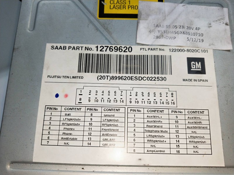 Recambio de sistema audio / radio cd para saab 9-5 berlina 2.3 turbo cat referencia OEM IAM 12769620  