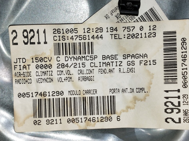 Recambio de elevalunas delantero derecho para fiat croma (194) 1.9 16v multijet dynamic referencia OEM IAM 000517461290  