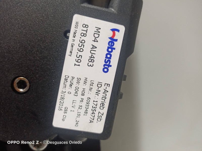 Recambio de techo electrico para audi a5 sportback (8t) 2.0 tdi (140kw) referencia OEM IAM 8T8877041E 8T8959591 