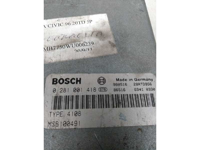 Recambio de centralita motor uce para honda civic berlina .5 (ma/mb) 2.0 td s (mb7) referencia OEM IAM 0281001418 MSB100491 4108