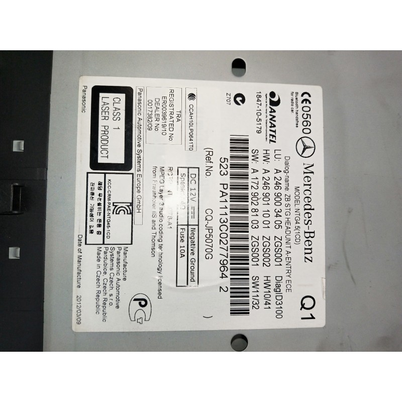 Recambio de sistema audio / radio cd para mercedes clase b (w246) b 180 cdi be (246.200) referencia OEM IAM A2469003405 A1729028