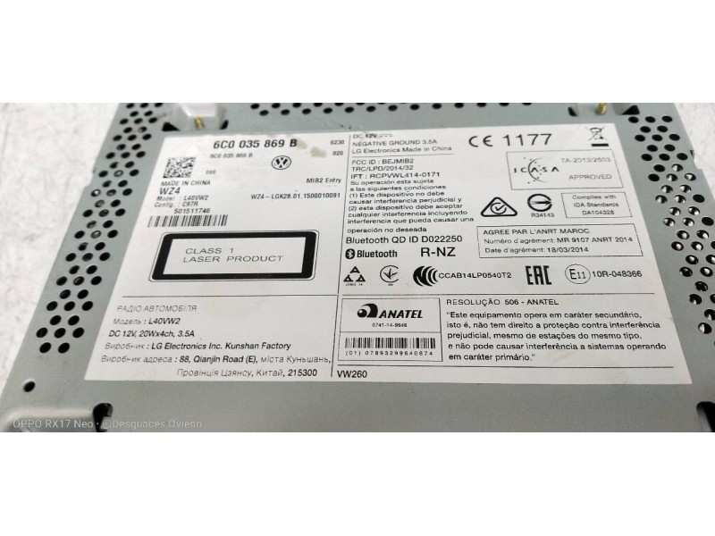 Recambio de sistema audio / radio cd para volkswagen polo (6c1) advance bluemotion referencia OEM IAM 6C0035869B  