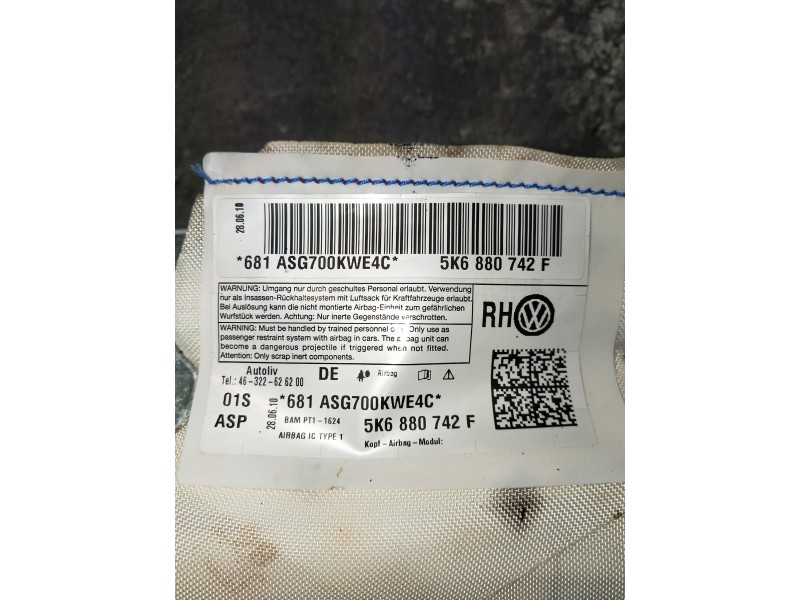 Recambio de airbag cortina delantero derecho para volkswagen golf vi (5k1) referencia OEM IAM 5K688072F  