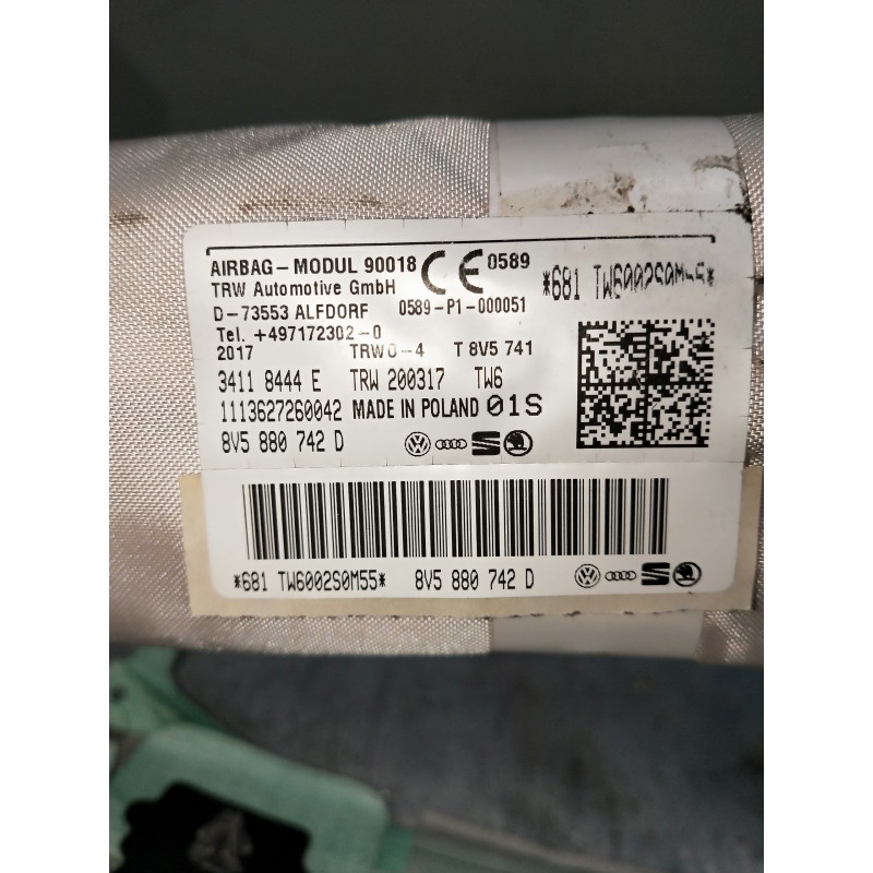 Recambio de airbag cortina delantero derecho para audi a3 sedán (8vm) referencia OEM IAM 8V5880742D 34118444E 111362726042