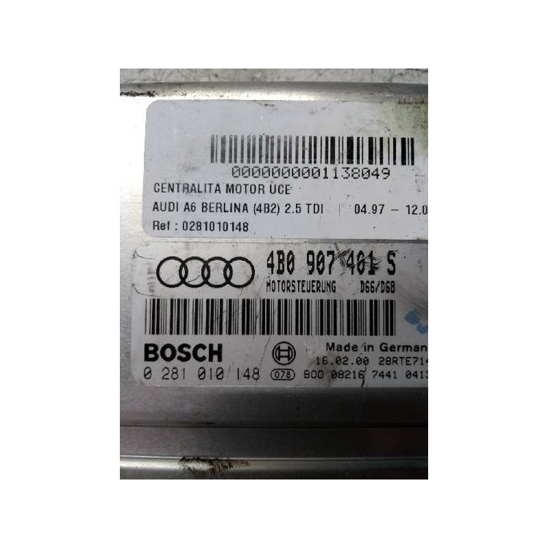 Recambio de centralita motor uce para audi a6 berlina (4b2) 2.5 tdi referencia OEM IAM 0281010148 4B0907401S 28RTE714