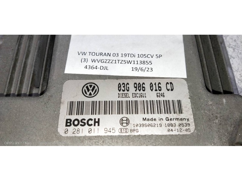 Recambio de centralita motor uce para volkswagen touran (1t1) 1.9 tdi referencia OEM IAM 0281011945 03G906016CD 