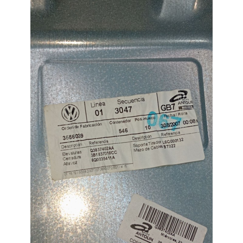 Recambio de elevalunas delantero derecho para volkswagen polo iv (9n_, 9a_) 1.4 tdi referencia OEM IAM q3837402aa 3p 