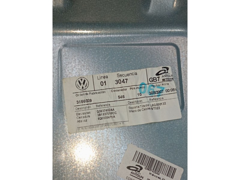 Recambio de elevalunas delantero derecho para volkswagen polo iv (9n_, 9a_) 1.4 tdi referencia OEM IAM q3837402aa 3p 