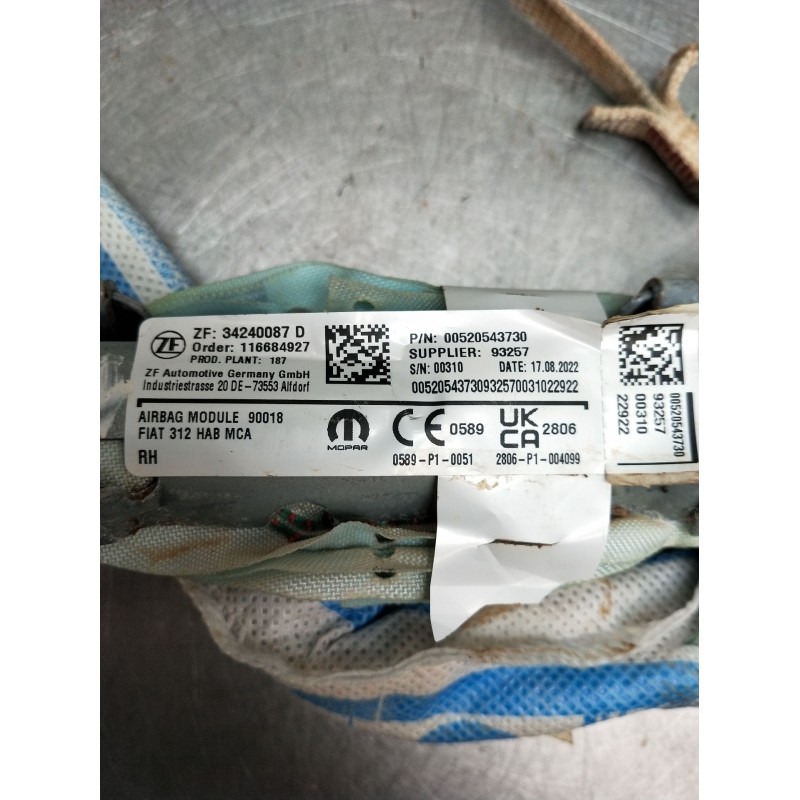 Recambio de airbag cortina delantero derecho para fiat 500 312 1.0 hybrid referencia OEM IAM 34240087D 116684927 00520543730