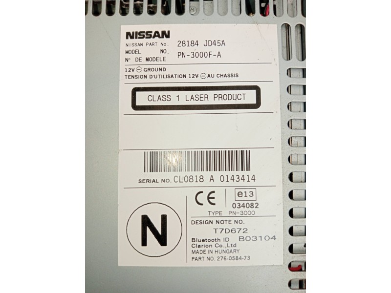 Recambio de sistema audio / radio cd para nissan qashqai (j10) acenta referencia OEM IAM 28184JD45A  