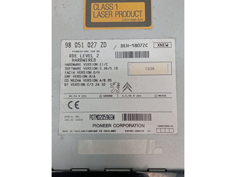 Recambio de sistema audio / radio cd para citroën c-zero referencia OEM IAM 98051027ZD DEH1807ZC PGTM020596EW