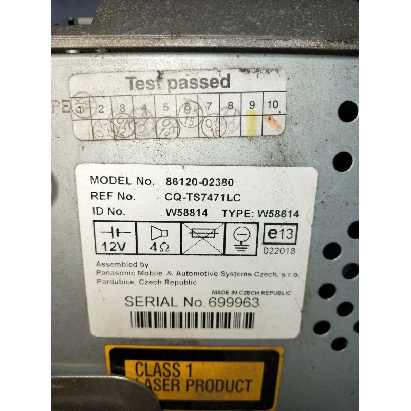 Recambio de sistema audio / radio cd para toyota corolla (_e12_) 1.4 d (nde120_) referencia OEM IAM 8612002380 CQTS7471LC 