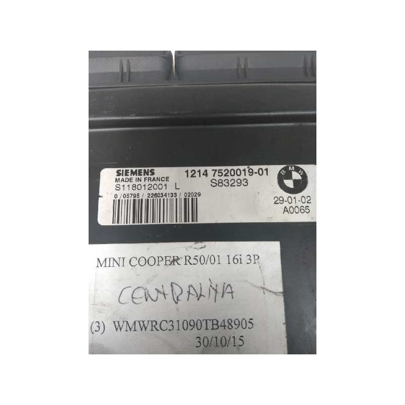 Recambio de centralita motor uce para bmw mini (r50,r53) 1.6 16v cat referencia OEM IAM S118012001L 1214752001901 S83293
