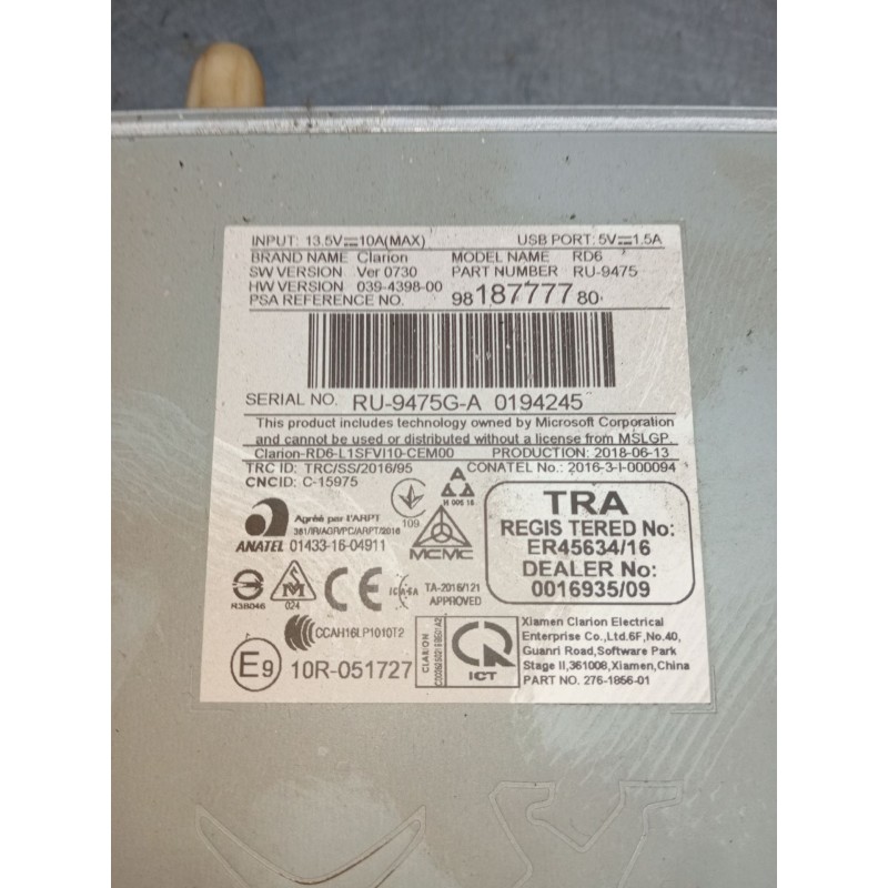 Recambio de sistema audio / radio cd para peugeot partner furgoneta/monovolumen (k9) 1.6 bluehdi 75 referencia OEM IAM 981877778